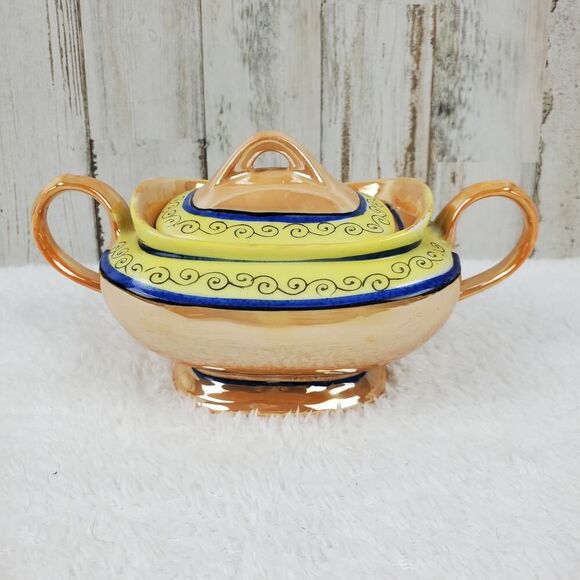Lusterware Ceramic Floral Sugar Bowl with Lid Yellow Tan - Picture 2 of 6